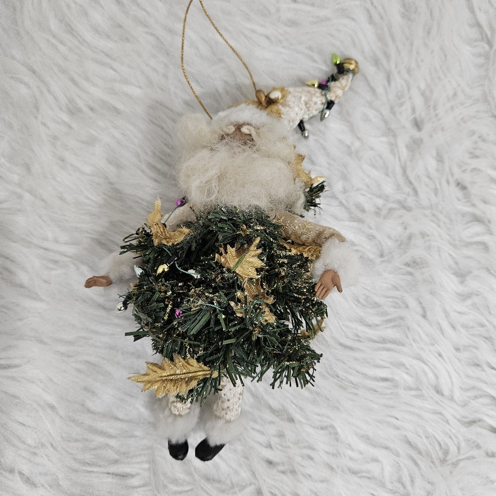Vintage 90s Festive Santa Tree Ornament with Gold and Green Accents